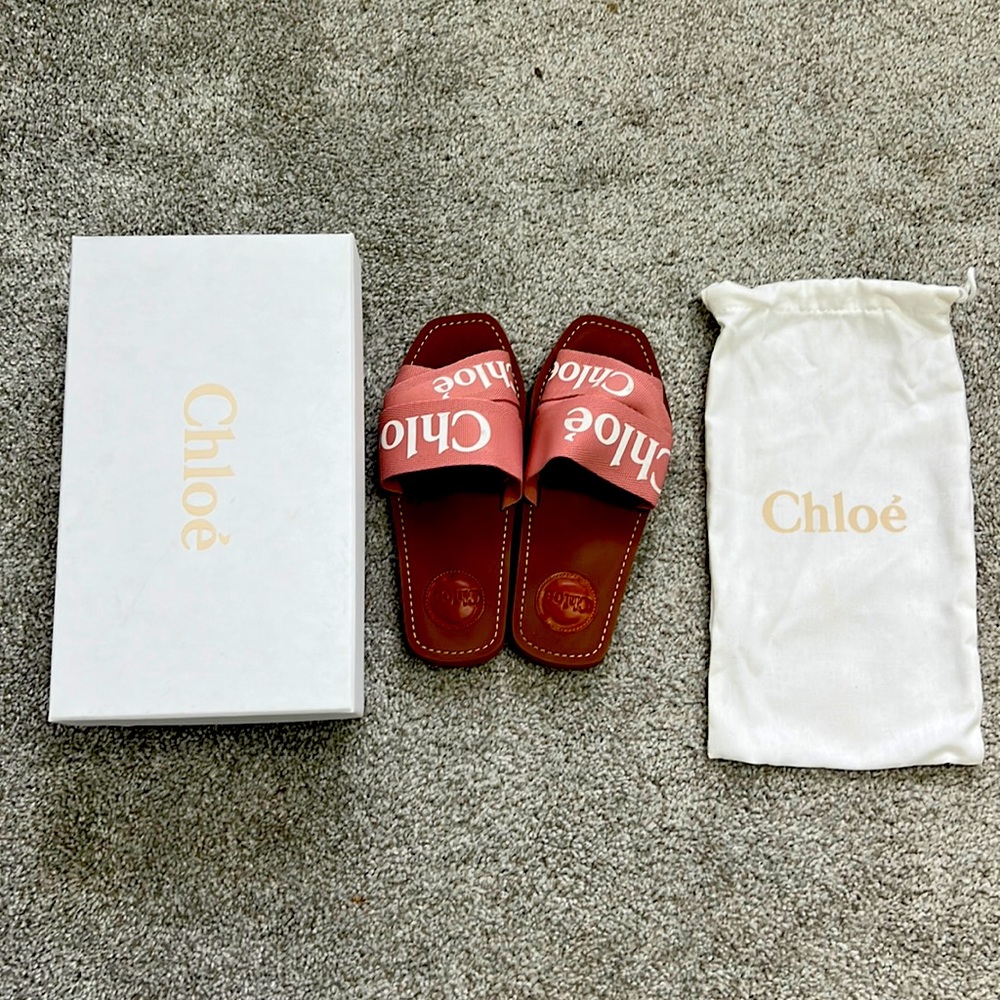 Chloé Woody Logo Linen Slide